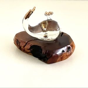 Vintage Wood Burl with Hand Blown Glass WHALE with Gold Trim Tail & Spray
